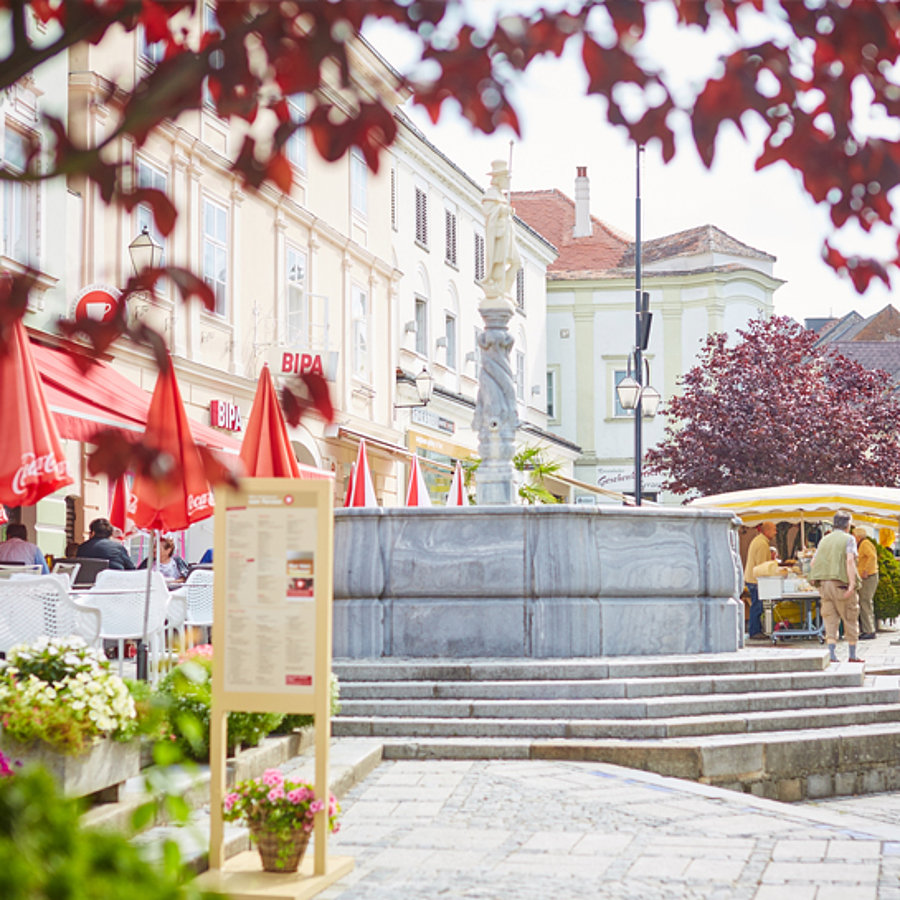 Ein Foto vom Rathausplatz mit Wochenmarkt und Kolomanibrunnen