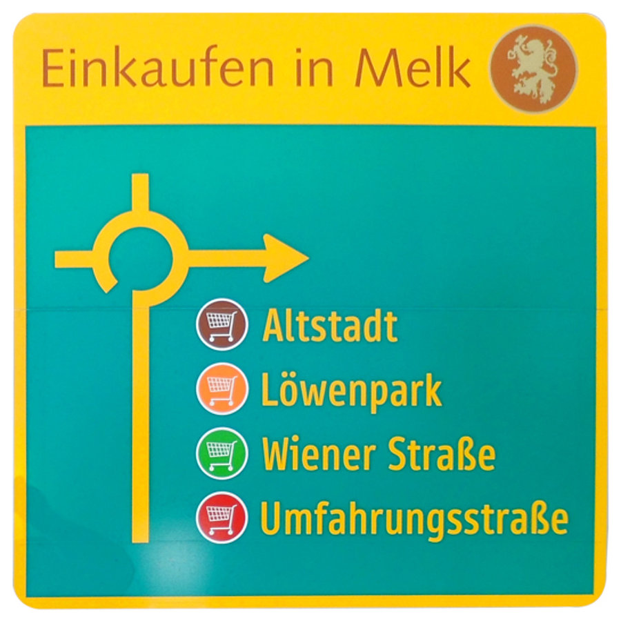 Hier sehen Sie die grüne Tafel vom Einkaufsleitsystem